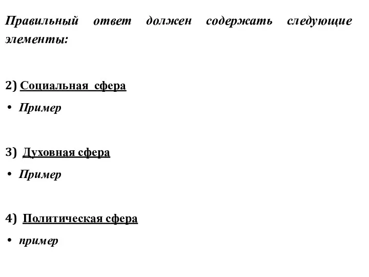 Правильный ответ должен содержать следующие элементы: 2) Социальная сфера Пример 3) Духовная