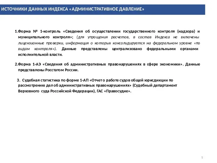 ИСТОЧНИКИ ДАННЫХ ИНДЕКСА «АДМИНИСТРАТИВНОЕ ДАВЛЕНИЕ» Форма № 1-контроль «Сведения об осуществлении государственного