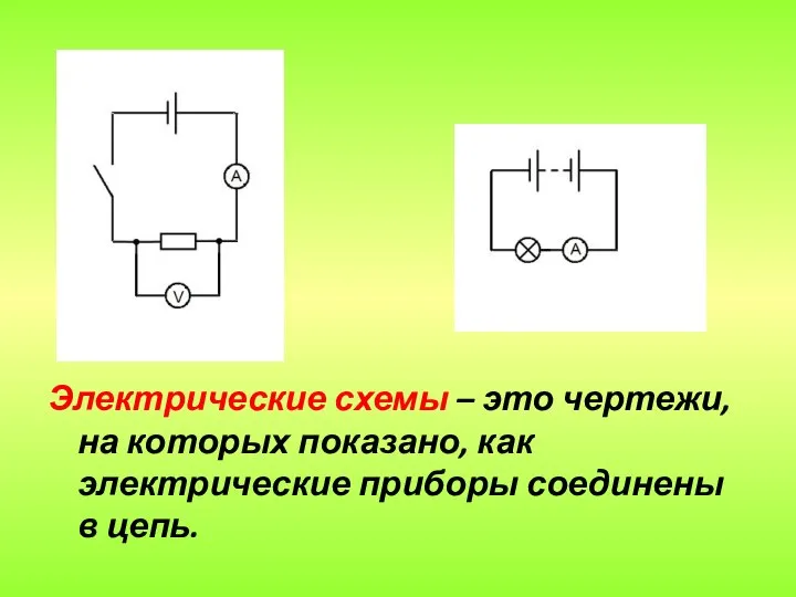 Электрические схемы – это чертежи, на которых показано, как электрические приборы соединены в цепь.