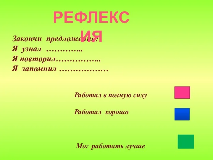 Закончи предложения: Я узнал ………….. Я повторил…………….. Я запомнил ……………… Работал в