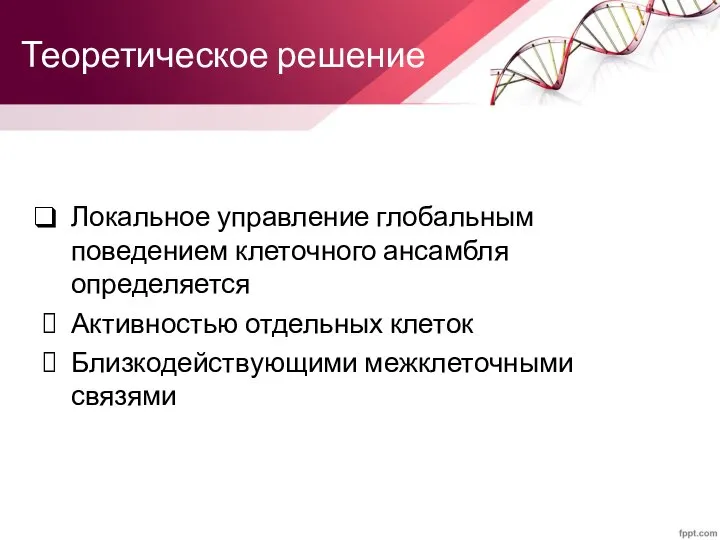 Теоретическое решение Локальное управление глобальным поведением клеточного ансамбля определяется Активностью отдельных клеток Близкодействующими межклеточными связями