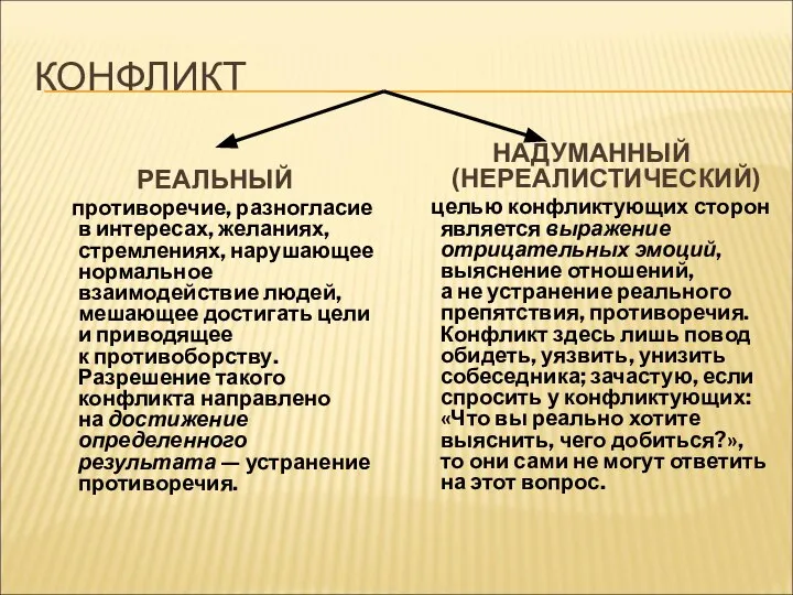 КОНФЛИКТ РЕАЛЬНЫЙ противоречие, разногласие в интересах, желаниях, стремлениях, нарушающее нормальное взаимодействие людей,