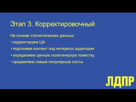 Этап 3. Корректировочный На основе статистических данных: корректируем ЦА подгоняем контент под