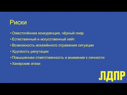 Риски Ожесточённая конкуренция, чёрный пиар Естественный и искусственный хейт Возможность искажённого отражения