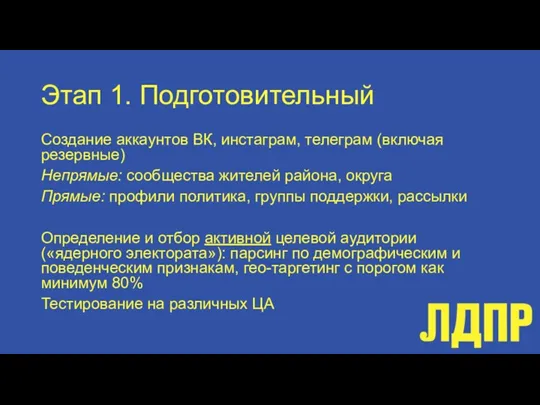 Этап 1. Подготовительный Создание аккаунтов ВК, инстаграм, телеграм (включая резервные) Непрямые: сообщества