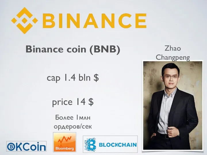 Binance coin (BNB) Zhao Changpeng cap 1.4 bln $ price 14 $ Более 1млн ордеров/сек