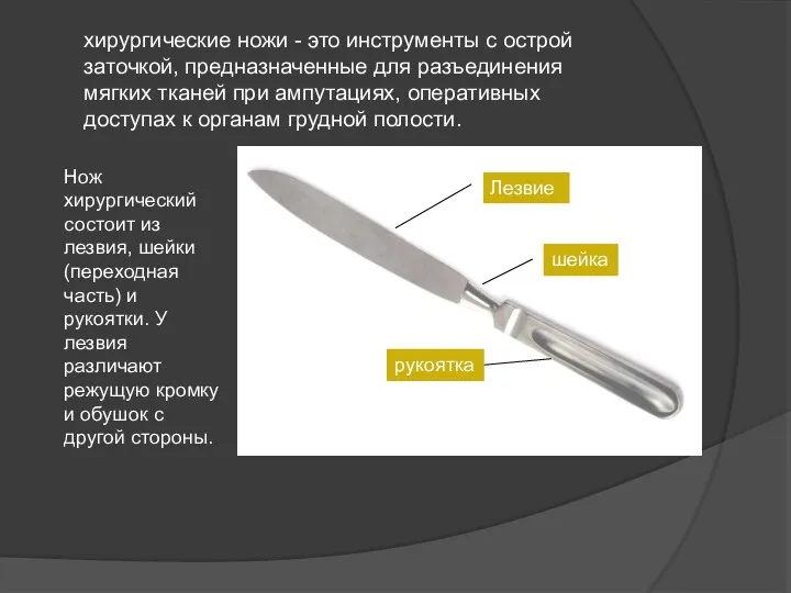 хирургические ножи - это инструменты с острой заточкой, предназначенные для разъединения мягких