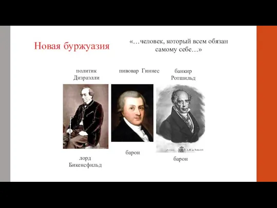 политик Дизраэлли Новая буржуазия «…человек, который всем обязан самому себе…» лорд Бикенсфильд