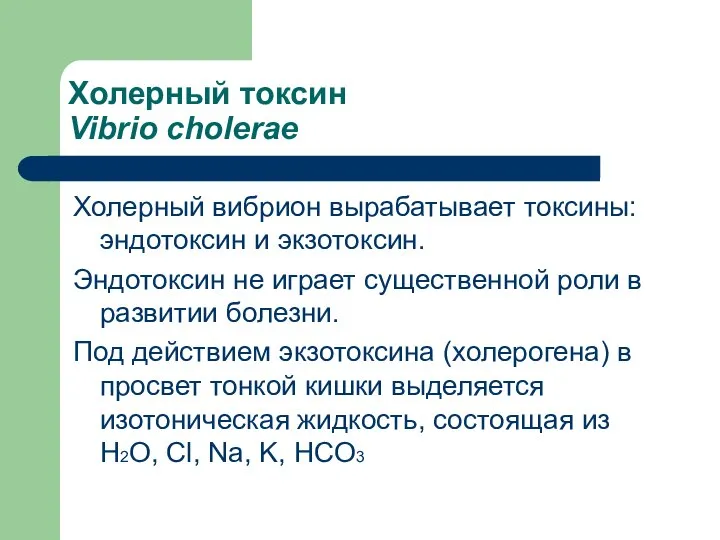 Холерный токсин Vibrio cholerae Холерный вибрион вырабатывает токсины: эндотоксин и экзотоксин. Эндотоксин