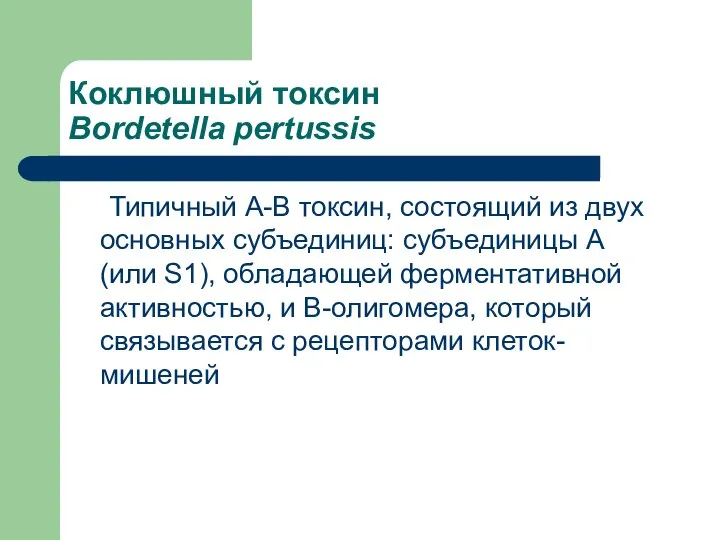 Коклюшный токсин Bordetella pertussis Типичный А-В токсин, состоящий из двух основных субъединиц: