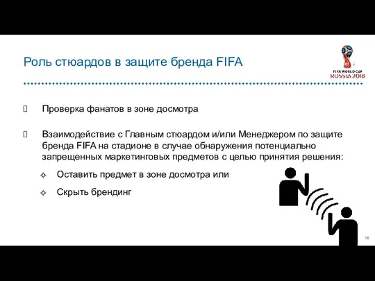 Роль стюардов в защите бренда FIFA Проверка фанатов в зоне досмотра Взаимодействие