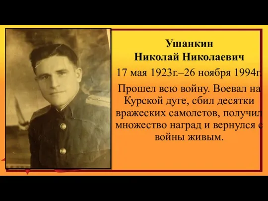 Ушанкин Николай Николаевич 17 мая 1923г.–26 ноября 1994г. Прошел всю войну. Воевал