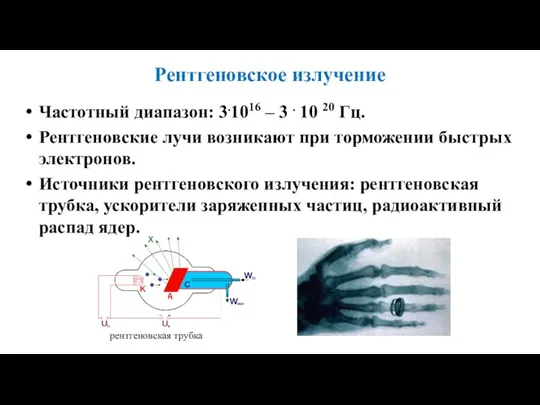 Рентгеновское излучение Частотный диапазон: 3.1016 – 3 . 10 20 Гц. Рентгеновские