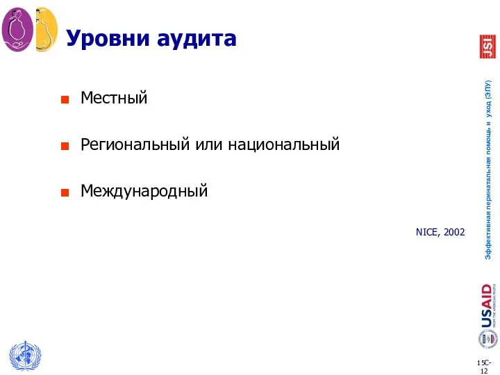 Уровни аудита Местный Региональный или национальный Международный NICE, 2002