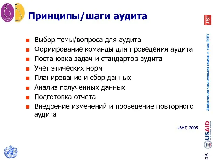 Принципы/шаги аудита Выбор темы/вопроса для аудита Формирование команды для проведения аудита Постановка