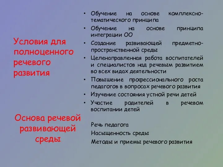 Обучение на основе комплексно-тематического принципа Обучение на основе принципа интеграции ОО Создание