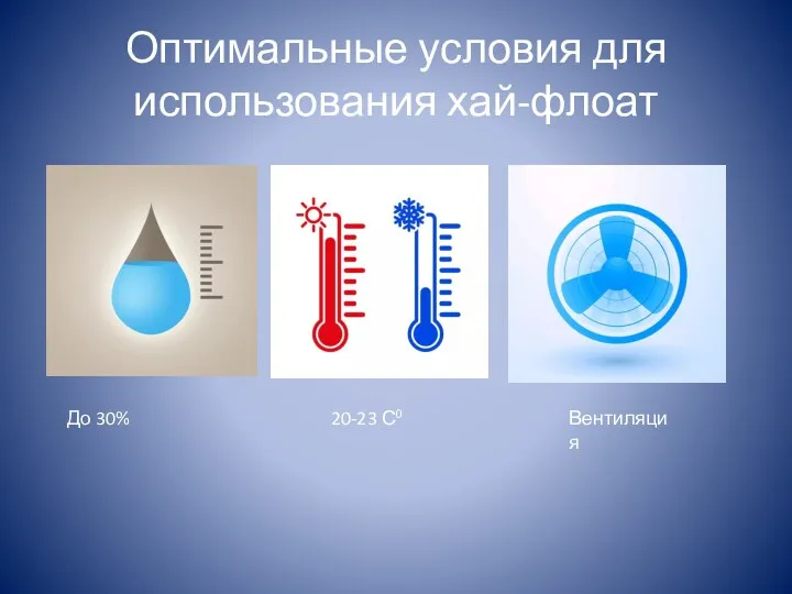 Оптимальные условия для использования хай-флоат До 30% 20-23 С0 Вентиляция