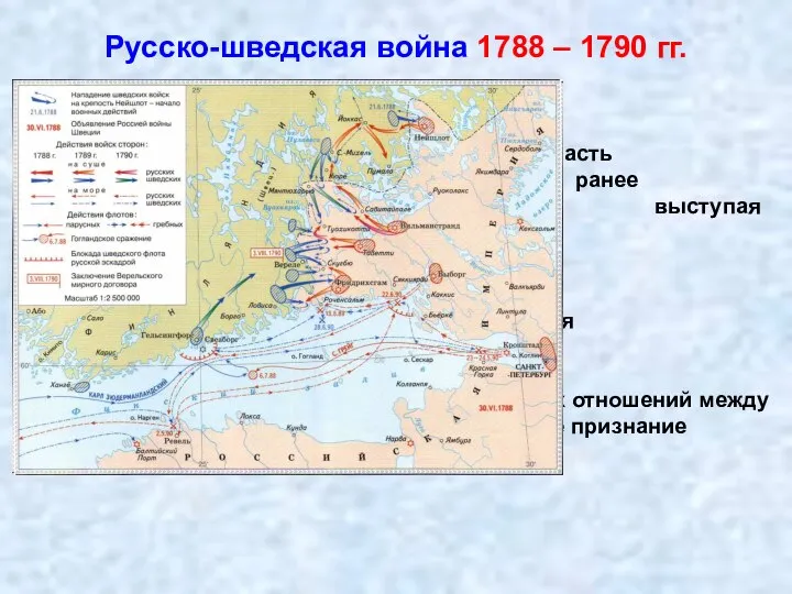 Русско-шведская война 1788 – 1790 гг. Швеция попыталась вернуть часть потерянных ранее