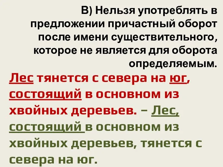 В) Нельзя употреблять в предложении причастный оборот после имени существительного, которое не