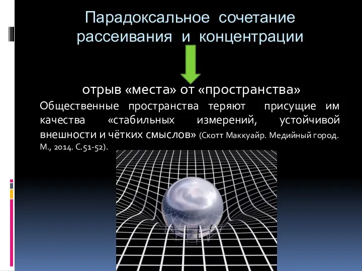 Парадоксальное сочетание рассеивания и концентрации отрыв «места» от «пространства» Общественные пространства теряют