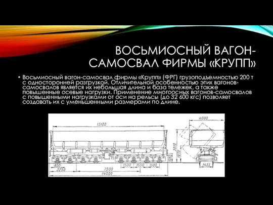 ВОСЬМИОСНЫЙ ВАГОН-САМОСВАЛ ФИРМЫ «КРУПП» Восьмиосный вагон-самосвал фирмы «Крупп» (ФРГ) грузоподъемностью 200 т