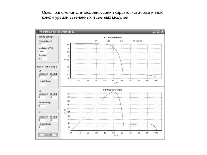 Окно приложения для моделирования характеристик различных конфигураций затененных и светлых модулей