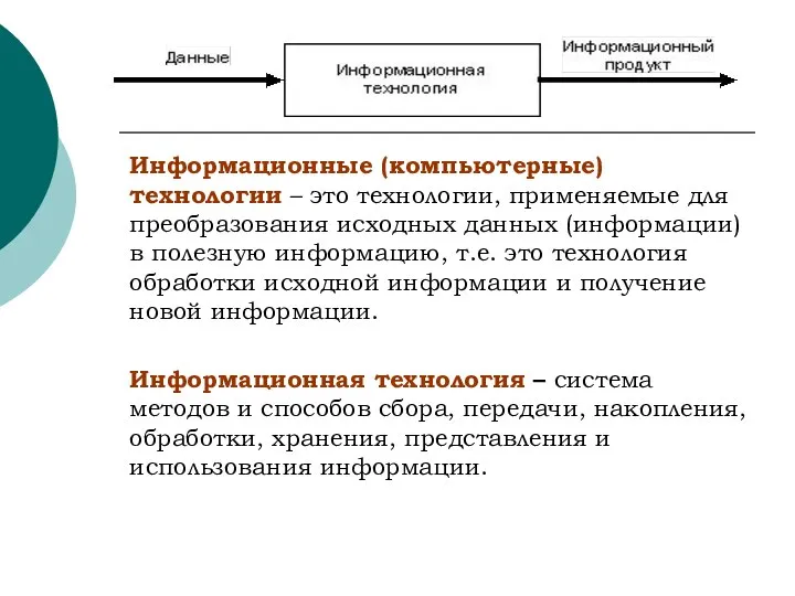 Информационные (компьютерные) технологии – это технологии, применяемые для преобразования исходных данных (информации)