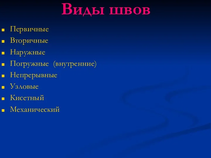 Виды швов Первичные Вторичные Наружные Погружные (внутренние) Непрерывные Узловые Кисетный Механический