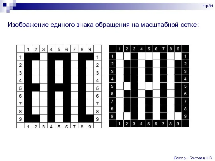 Изображение единого знака обращения на масштабной сетке: Лектор – Гонтовая Н.В. стр.94