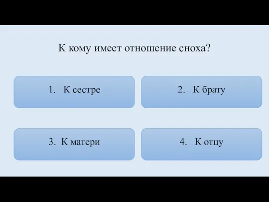 К кому имеет отношение сноха? 1. К сестре 4. К отцу 2.