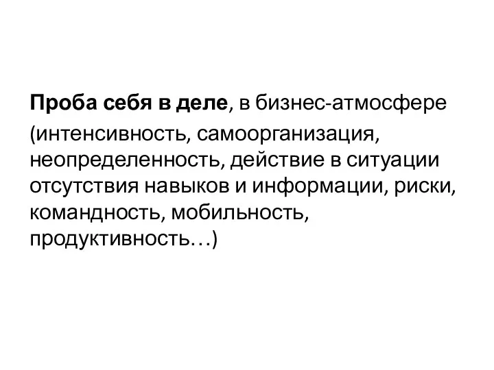 Проба себя в деле, в бизнес-атмосфере (интенсивность, самоорганизация, неопределенность, действие в ситуации