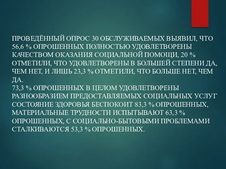 ПРОВЕДЁННЫЙ ОПРОС 30 ОБСЛУЖИВАЕМЫХ ВЫЯВИЛ, ЧТО 56,6 % ОПРОШЕННЫХ ПОЛНОСТЬЮ УДОВЛЕТВОРЕНЫ КАЧЕСТВОМ