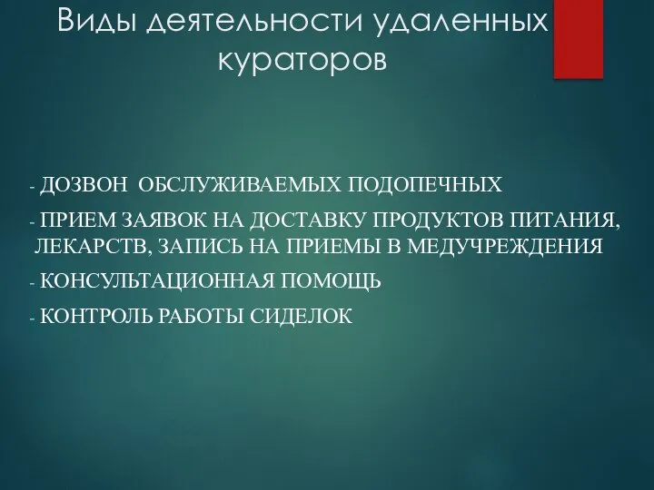 Виды деятельности удаленных кураторов ДОЗВОН ОБСЛУЖИВАЕМЫХ ПОДОПЕЧНЫХ ПРИЕМ ЗАЯВОК НА ДОСТАВКУ ПРОДУКТОВ