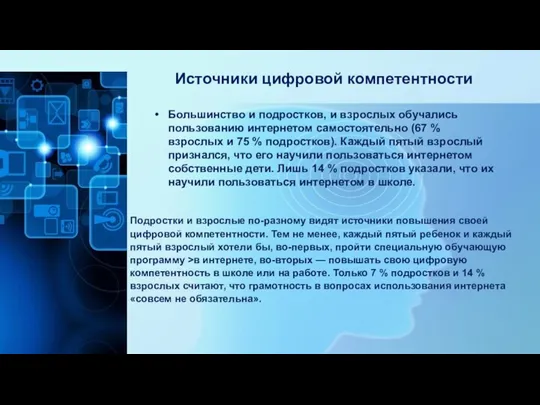 Источники цифровой компетентности Большинство и подростков, и взрослых обучались пользованию интернетом самостоятельно