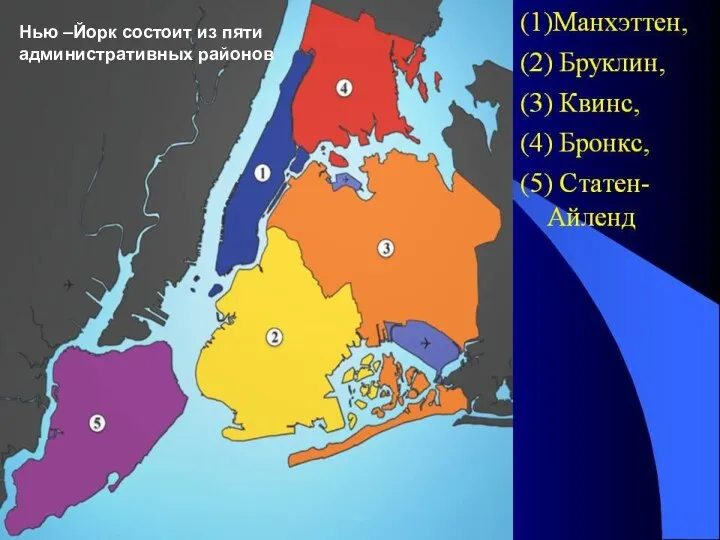 Нью –Йорк состоит из пяти административных районов