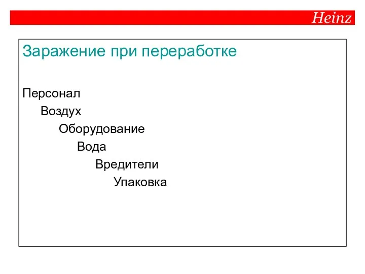 Heinz Заражение при переработке Персонал Воздух Оборудование Вода Вредители Упаковка