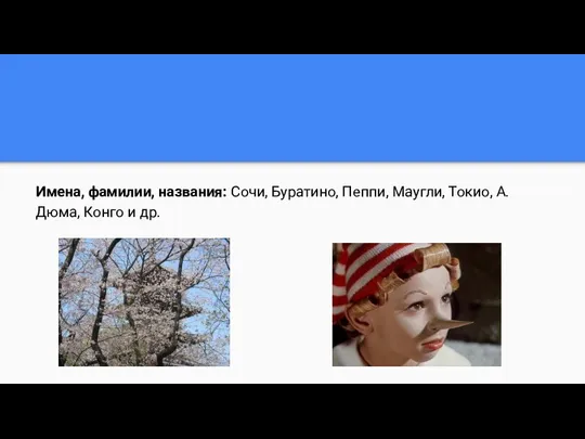 Имена, фамилии, названия: Сочи, Буратино, Пеппи, Маугли, Токио, А. Дюма, Конго и др.