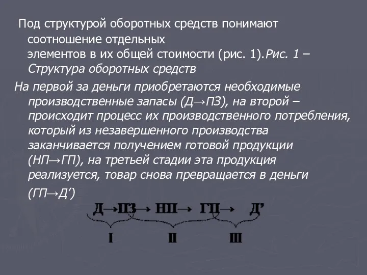 Под структурой оборотных средств понимают соотношение отдельных элементов в их общей стоимости