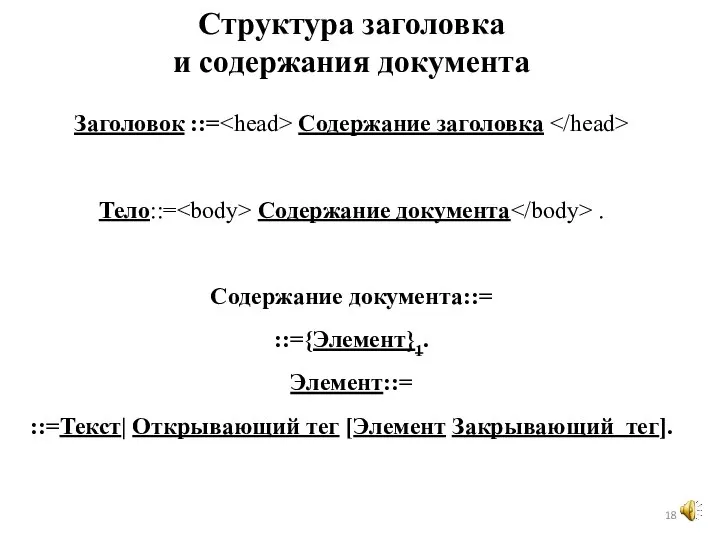 Заголовок ::= Содержание заголовка Тело::= Содержание документа . Содержание документа::= ::={Элемент}1. Элемент::=
