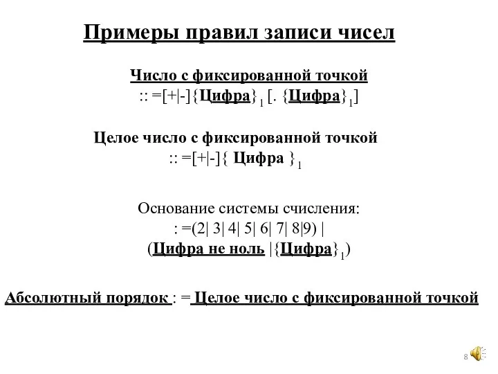 Число с фиксированной точкой :: =[+|-]{Цифра}1 [. {Цифра}1] Целое число с фиксированной