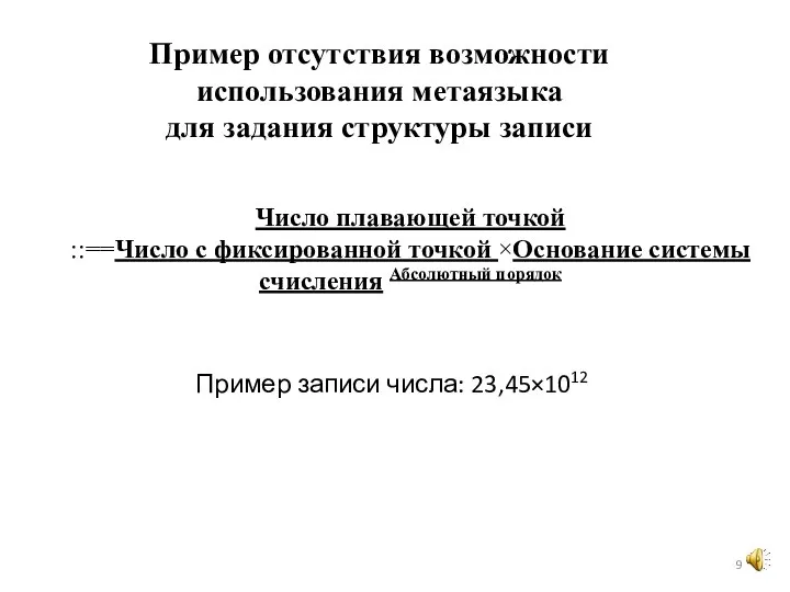 Число плавающей точкой ::==Число с фиксированной точкой ×Основание системы счисления Абсолютный порядок