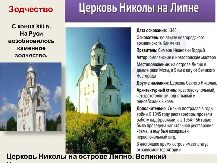 Зодчество С конца XIII в. На Руси возобновилось каменное зодчество. Церковь Николы