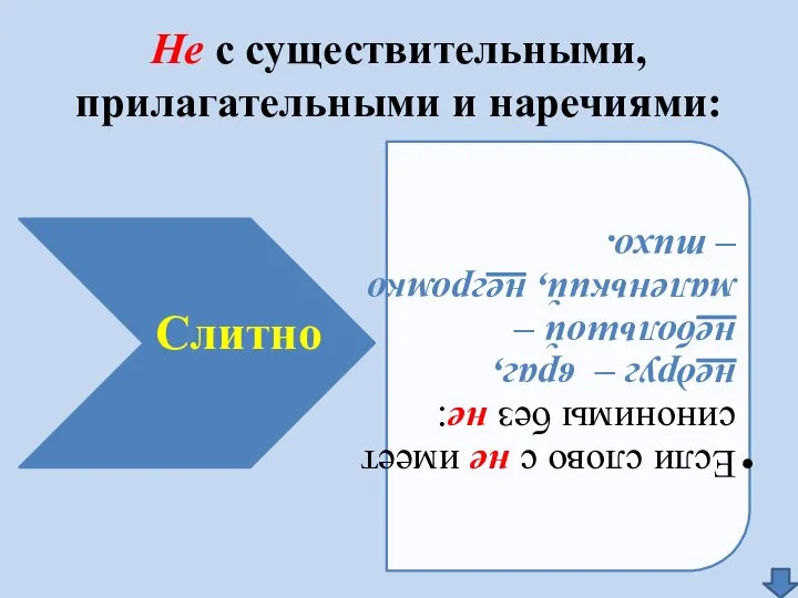 Не с существительными, прилагательными и наречиями: Слитно