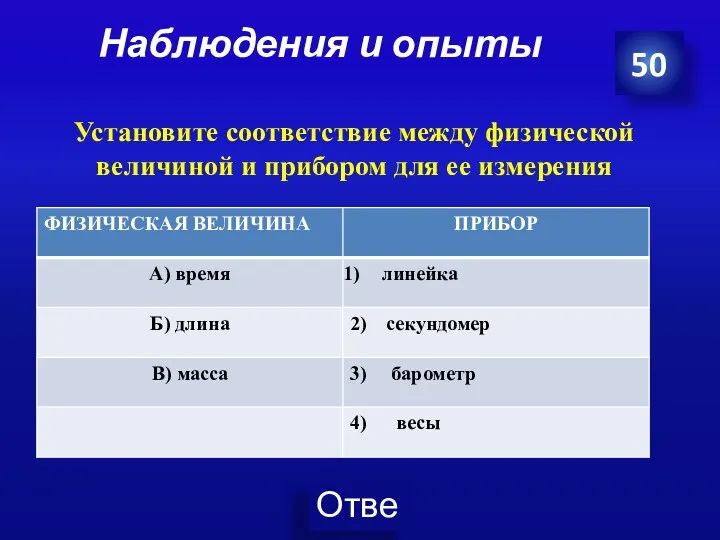 Наблюдения и опыты 50 Установите соответствие между физической величиной и прибором для ее измерения