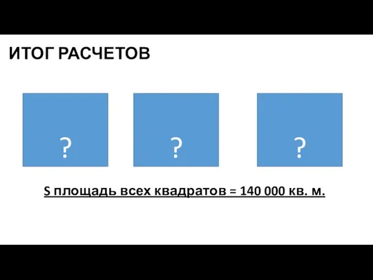 ИТОГ РАСЧЕТОВ S площадь всех квадратов = 140 000 кв. м. ? ? ?