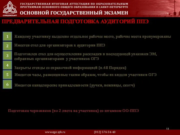 ПРЕДВАРИТЕЛЬНАЯ ПОДГОТОВКА АУДИТОРИЙ ППЭ Каждому участнику выделено отдельное рабочее место, рабочие места