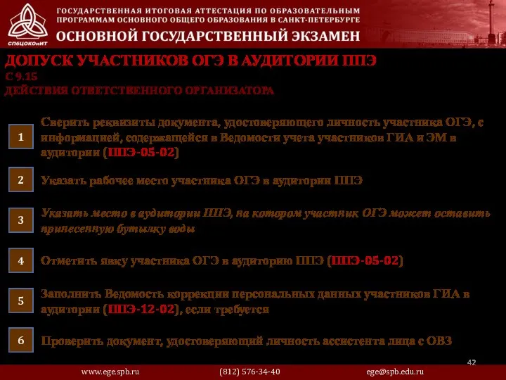 ДОПУСК УЧАСТНИКОВ ОГЭ В АУДИТОРИИ ППЭ Сверить реквизиты документа, удостоверяющего личность участника