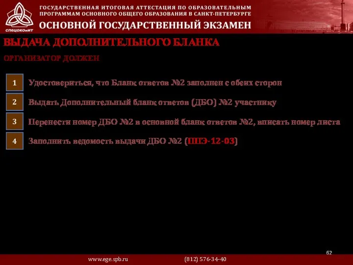 ВЫДАЧА ДОПОЛНИТЕЛЬНОГО БЛАНКА Удостовериться, что Бланк ответов №2 заполнен с обеих сторон