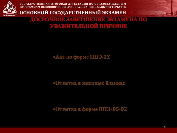 ДОСРОЧНОЕ ЗАВЕРШЕНИЕ ЭКЗАМЕНА ПО УВАЖИТЕЛЬНОЙ ПРИЧИНЕ Акт по форме ППЭ-22 Отметка в