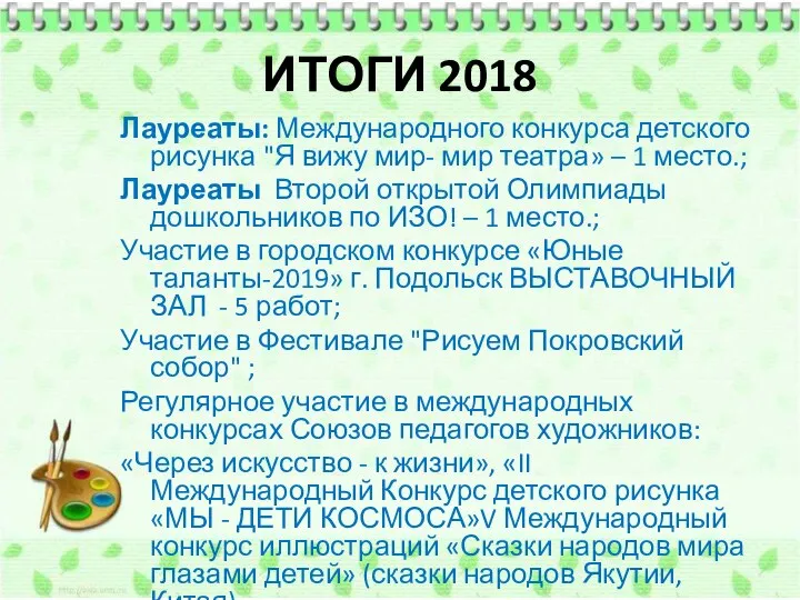 ИТОГИ 2018 Лауреаты: Международного конкурса детского рисунка "Я вижу мир- мир театра»